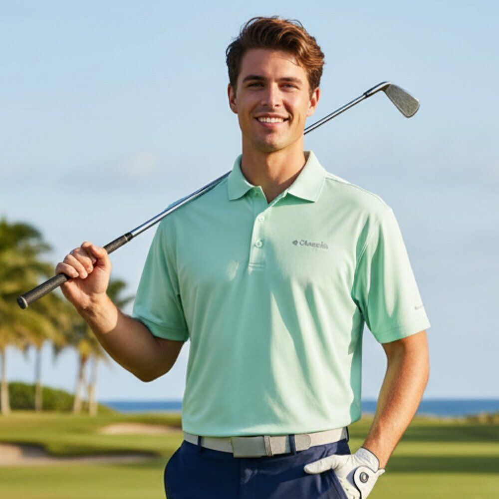 Columbia PFG Mint Green Performance Polo: Omni-Shade UPF Sun Protection